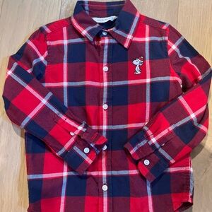 Janie and Jack Red and Navy Plaid Snoopy Button-Down Shirt